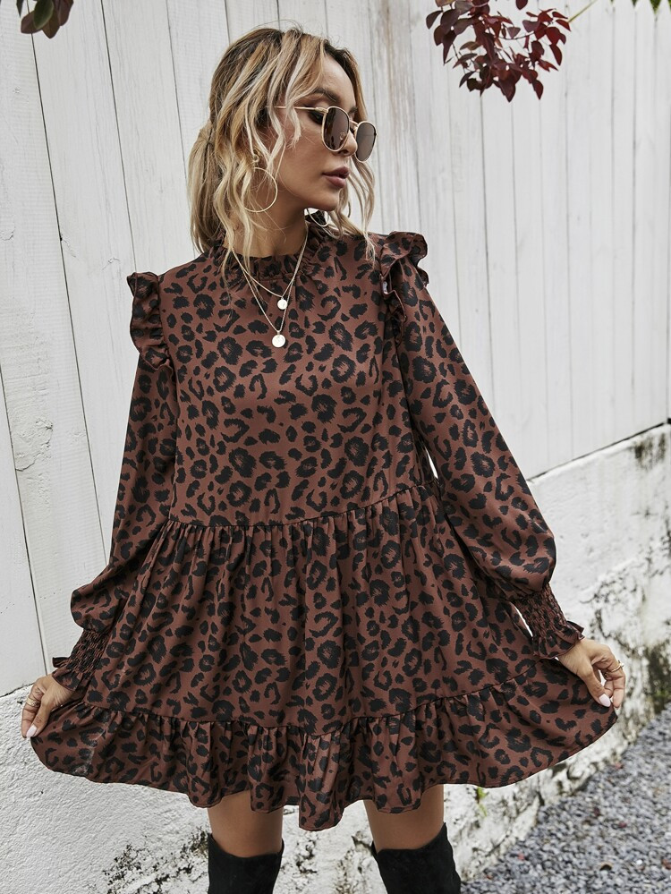 Allover Print Frill Mock Neck Babydoll Dress | SHEIN