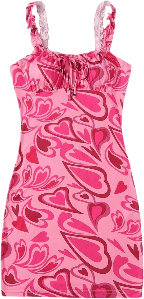 SheIn Women's Heart Print Tie Front Sleeveless Ruched Bust Frill Trim Bodycon Short Dress | Amazon (US)