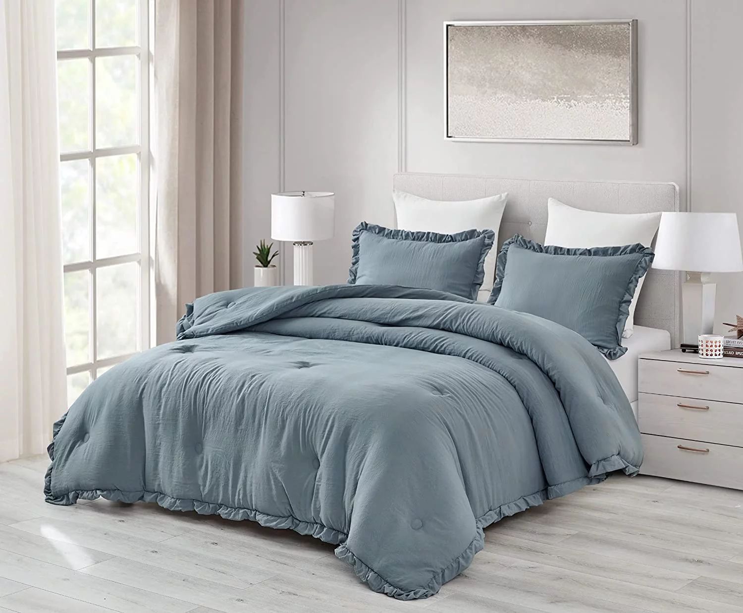 Chezmoi Collection Nora 3-Piece Dusty Blue Ruffled Edge Trim Microfiber Comforter Set, Full Size | Walmart (US)