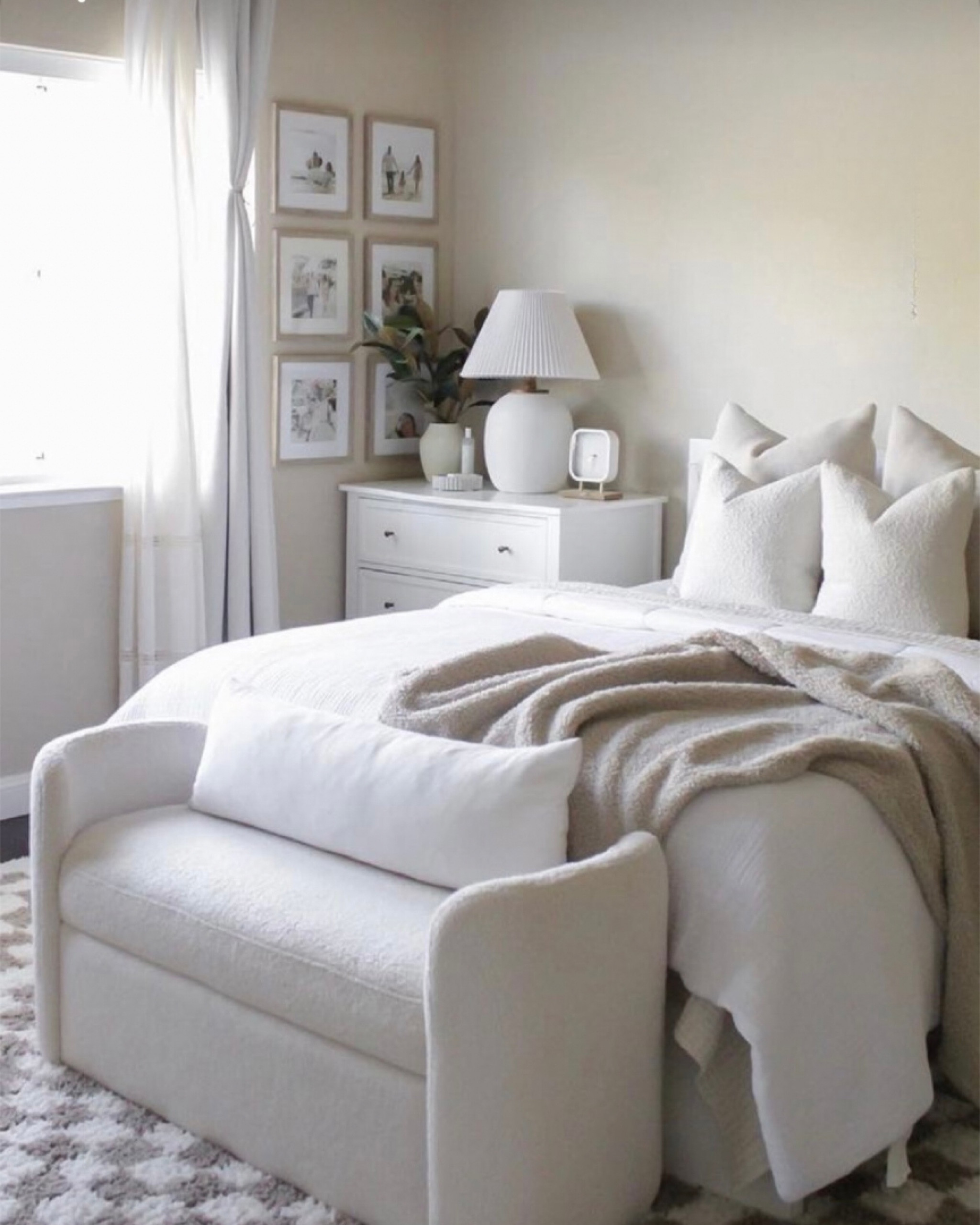 Neutral bedroom decor, Amazon bedroom decor, Amazon bedding, Gallery wall decor, White bench, White lamp, Throw blanket 

#LTKhome #LTKunder100 #LTKFind