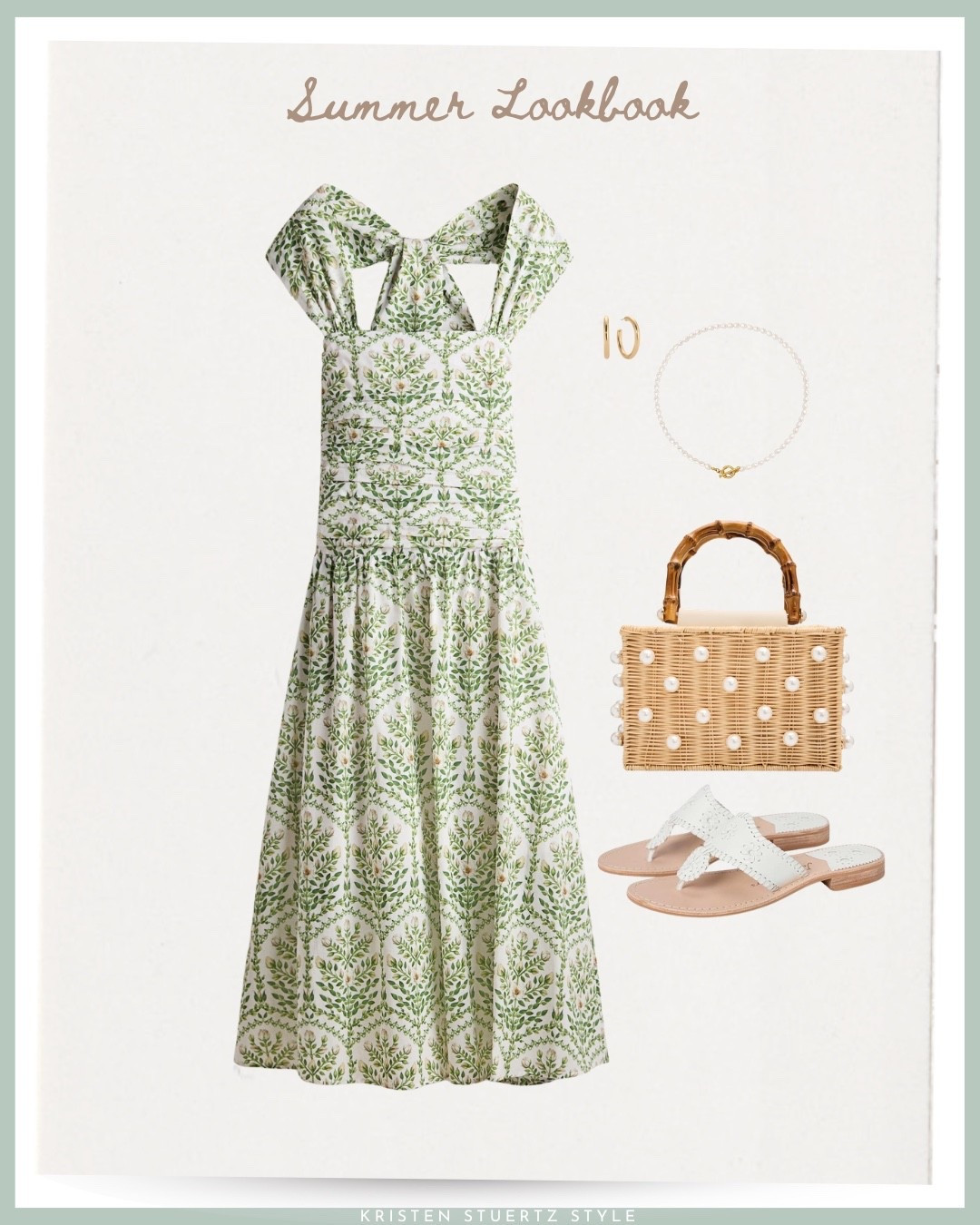 A breezy and beautiful green print dress for spring! I’ve paired it with Jack Roger’s sandals, a BTB Los Angeles wicker bag, and matching accessories. 
@ltk 

#date night outfits #spring outfits 2026 #spring dresses #vacation outfits beach #resort wear 2026 #travel outfits #ltkshoecrush





#LTKMothersDay #LTKSeasonal #LTKootd #LTKOver40 #LTKTravel #LTKTall
