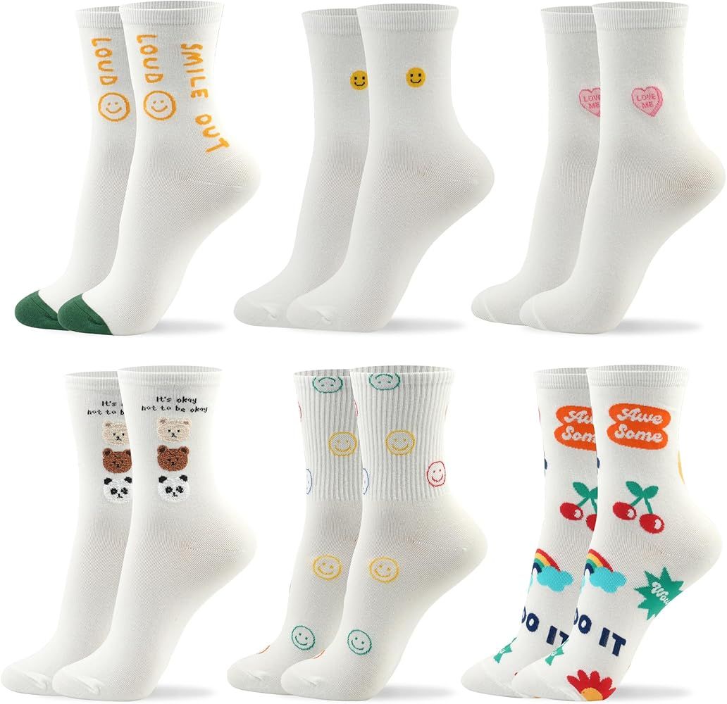 Women Crew Socks | 4-6 Pairs Novelty Heart Bear Cat Cute Print Design | Korean Ladies & Girls Dai... | Amazon (US)