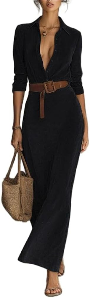 Faux Leather Dress for Women, Women's Long Sleeve Lapel Button Suede Maxi Shirt Dress with Belt | Amazon (US)