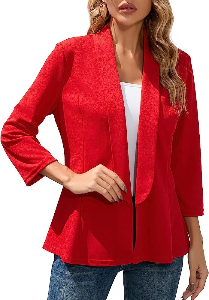 KOJOOIN Women's 3/4 Sleeve Casual Blazers Open Front Cardigan Work Office Jacket Blazer | Amazon (US)