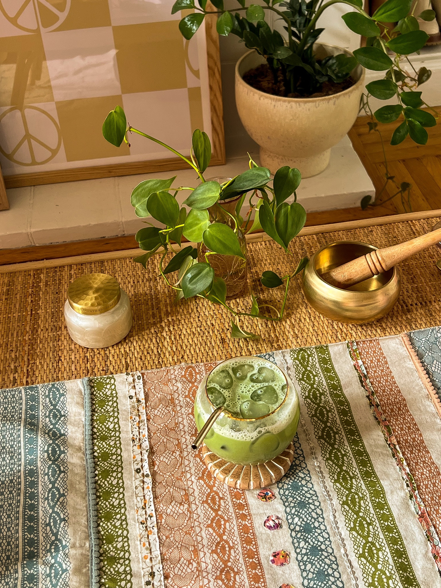 cheers to matcha!! cute gold rim wine glass, candle, houseplants, sound bowl, coffee table setup 

#LTKunder100 #LTKFind #LTKhome