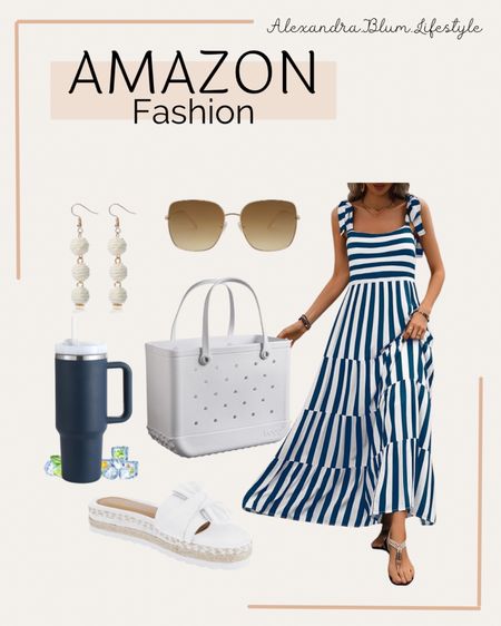 Cute blue and white stripe maxi dress, blue and white print maxi dress, white sandals! Summer outfit! Vacation outfit! Date night outfit! Honeymoon dress! 4th of July outfit idea!

#LTKFindsUnder100 #LTKShoeCrush #LTKItBag