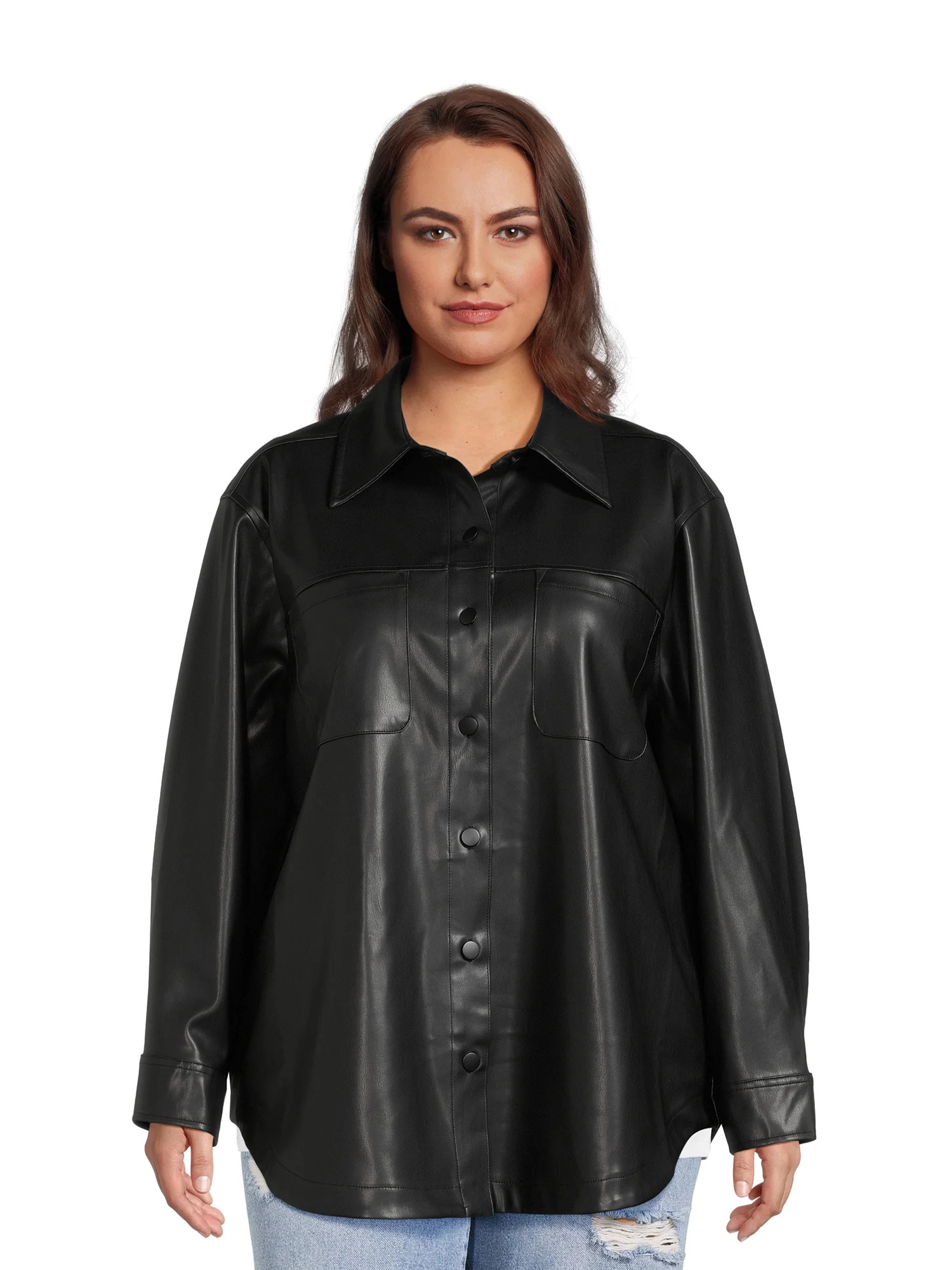 Terra & Sky Women's Plus Size Faux Leather Shirt Jacket Novelty Shacket | Walmart (US)