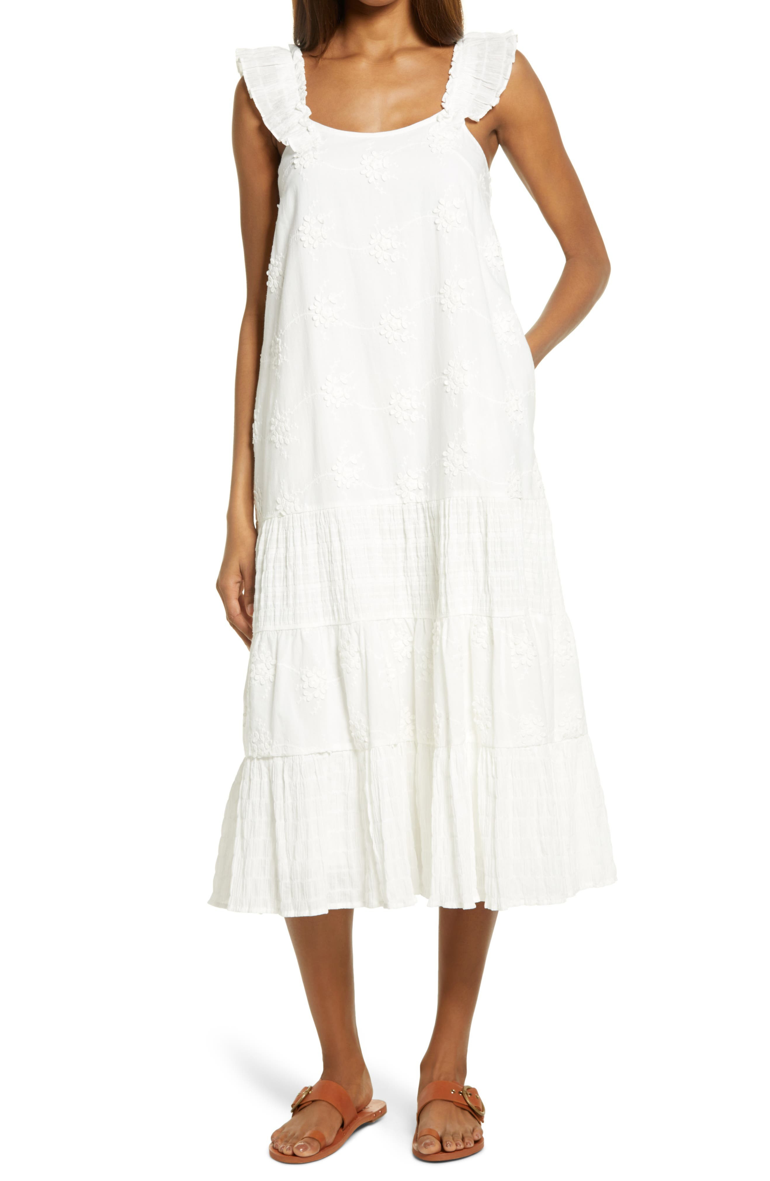 BTFL-life Ruffle Strap Embroidered Cotton Dress | Nordstrom | Nordstrom