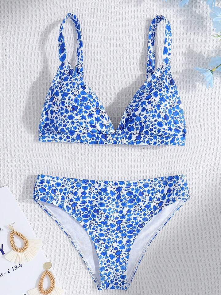 SHEIN Teen Girls Blue Ditsy Floral Spaghetti Strap Bikini Set For Beach Vacation Swimming | SHEIN