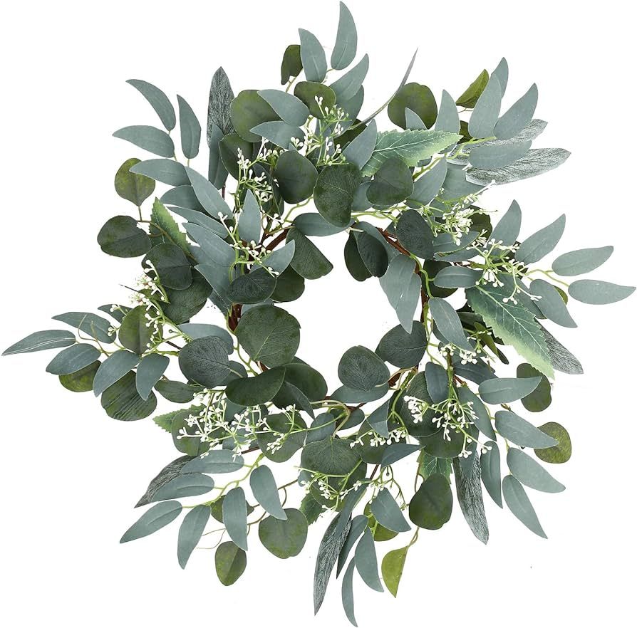 Artificial Green Eucalyptus Wreath,15 inches Greenery Wreath with Clusters of White Flowers Mini ... | Amazon (US)