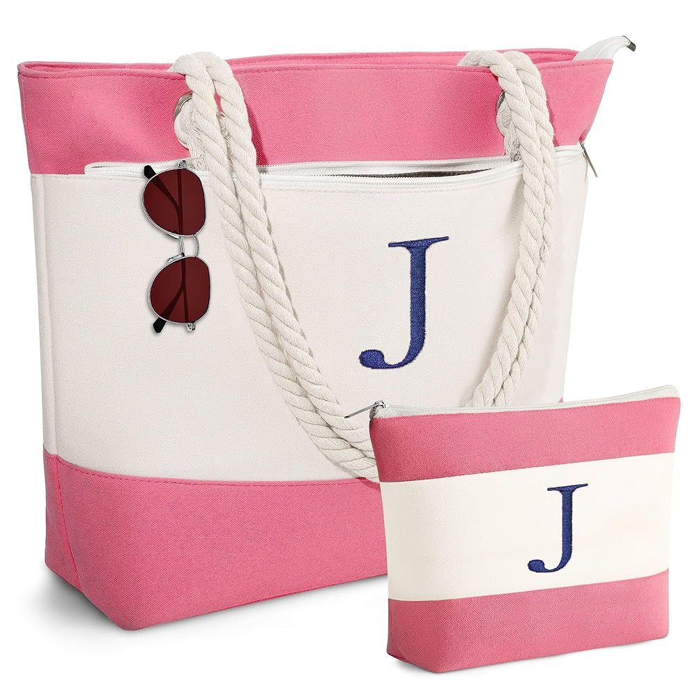 YOOLIFE Beach Bags for Women - Initial Canvas Tote Waterproof Bag with Makeup Bag Gifts for Women... | Amazon (US)