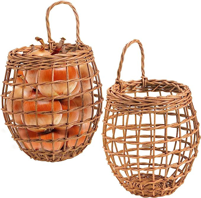 Elsjoy Set of 2 Wall Hanging Onion Basket, Wicker Woven Basket Handmade Rattan Basket, Fruits and... | Amazon (US)