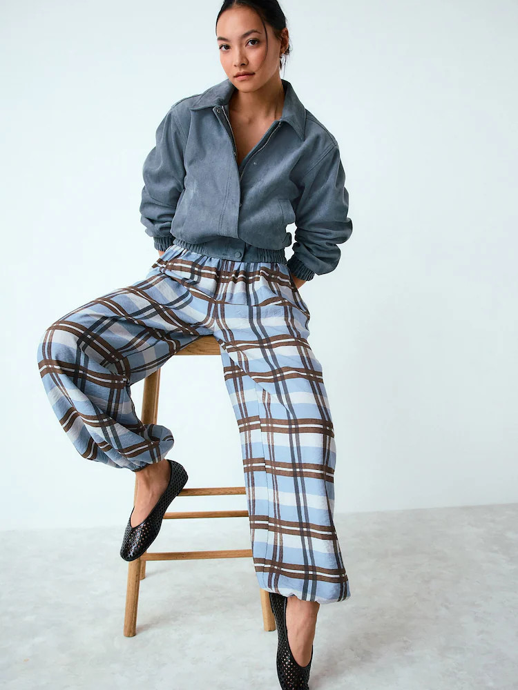 Blue/Chocolate Brown Check Balloon Leg Trousers | Next EU