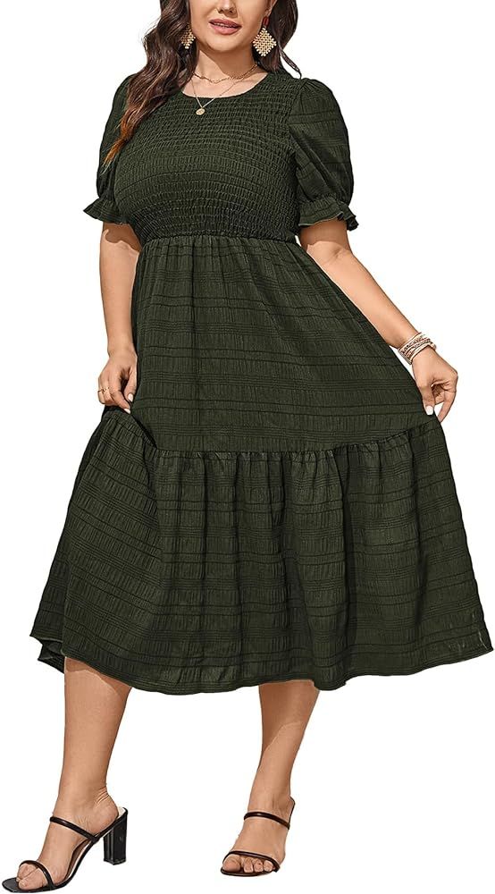 SCOMCHIC Womens Plus Size Summer Dresses 2024 Casual Puff Short Sleeve Crewneck Smocked Flowy Ruf... | Amazon (US)