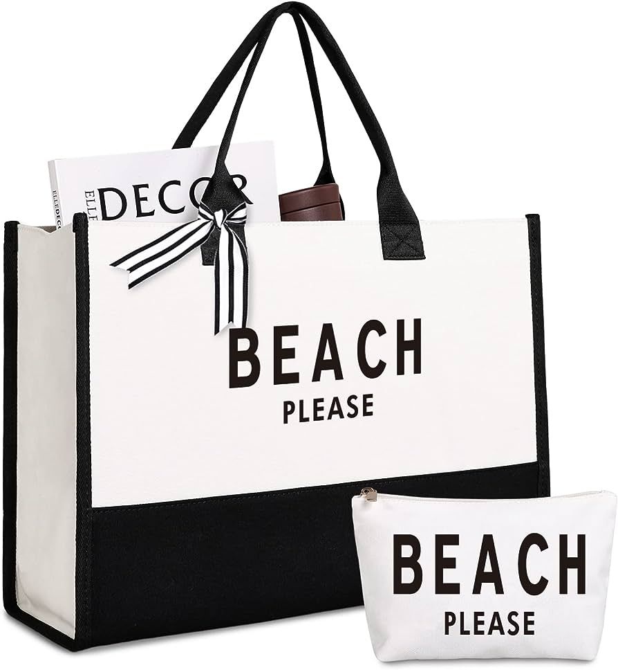 Lamyba Beach Please Bag, Canvas Beach Tote Bags for Women, Black and White | Amazon (US)