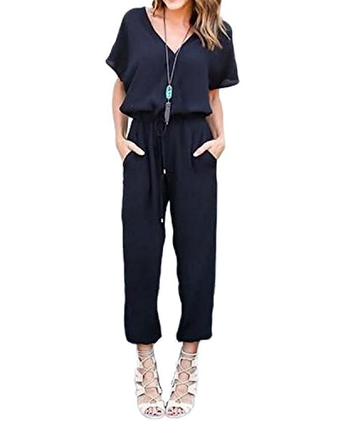 Cinyifaan Women's V Neck Casual Loose Long Jumpsuits Romper Playsuit with Belt | Amazon (US)