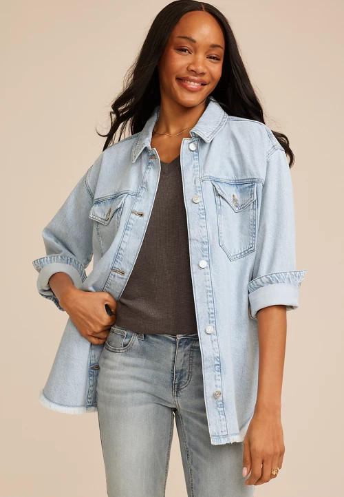 Light Wash Fray Hem Denim Shacket | Maurices