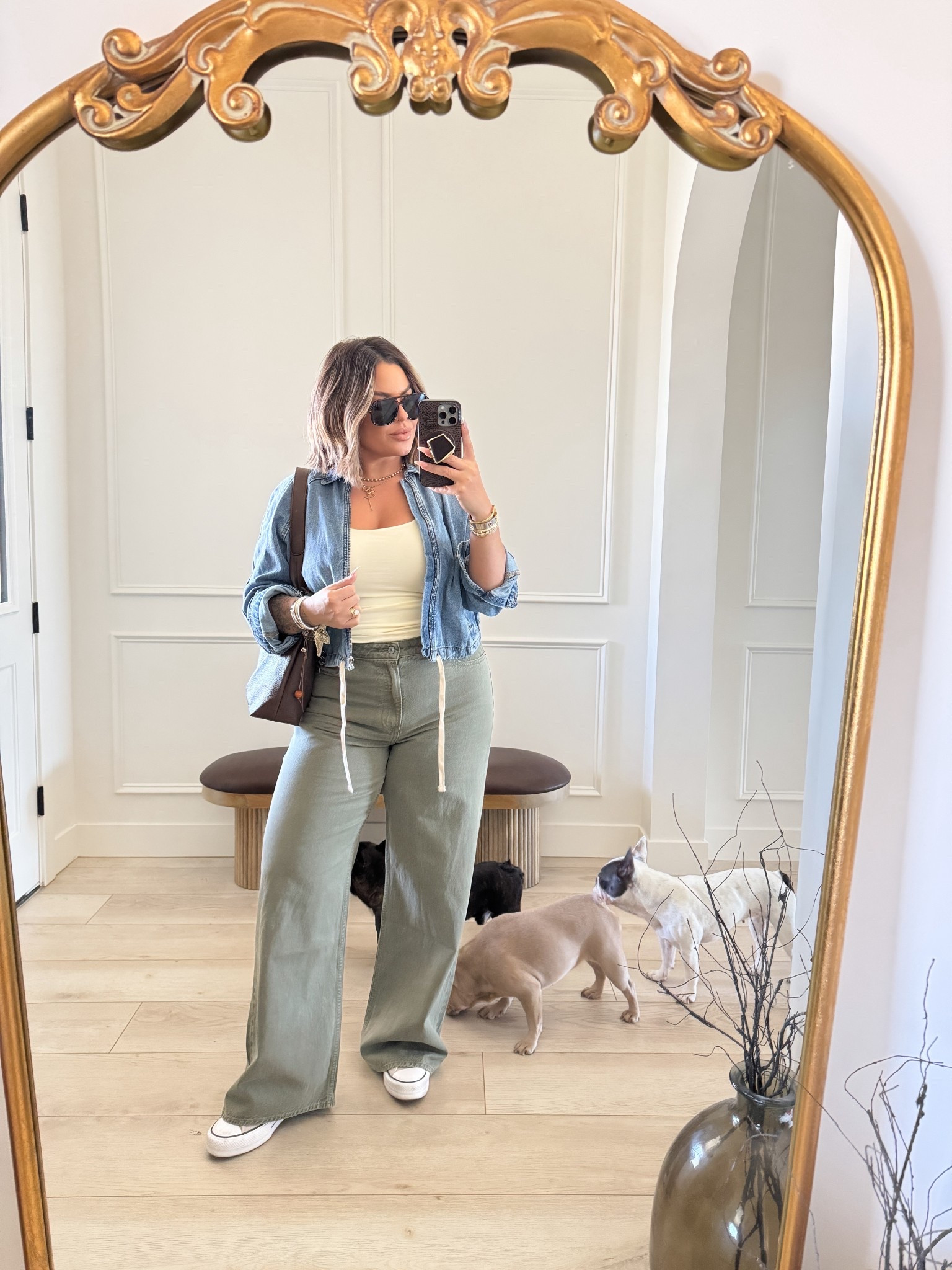 Jacket L 
Tank M 
Jeans 31 long 
Converse are old no link for this color 

Miranda Frye has a sale going on today only spend $100 get a free pair of earrings for v-day. You might be able to use code shayna10 as well I’m not sure tho. Linked my jewelry here as well. 

#LTKMidsize #LTKSaleAlert