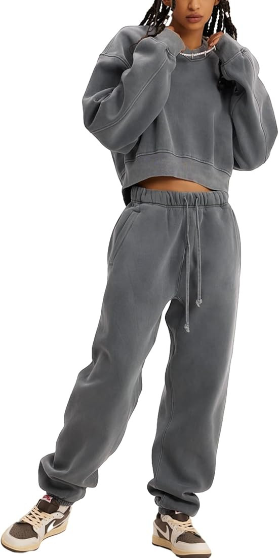 COZYPOIN Womens Sweat Sets Fleece Sweatsuits 2 Piece Crop Sweatshirt and Sweatpants Sets Joggers ... | Amazon (US)