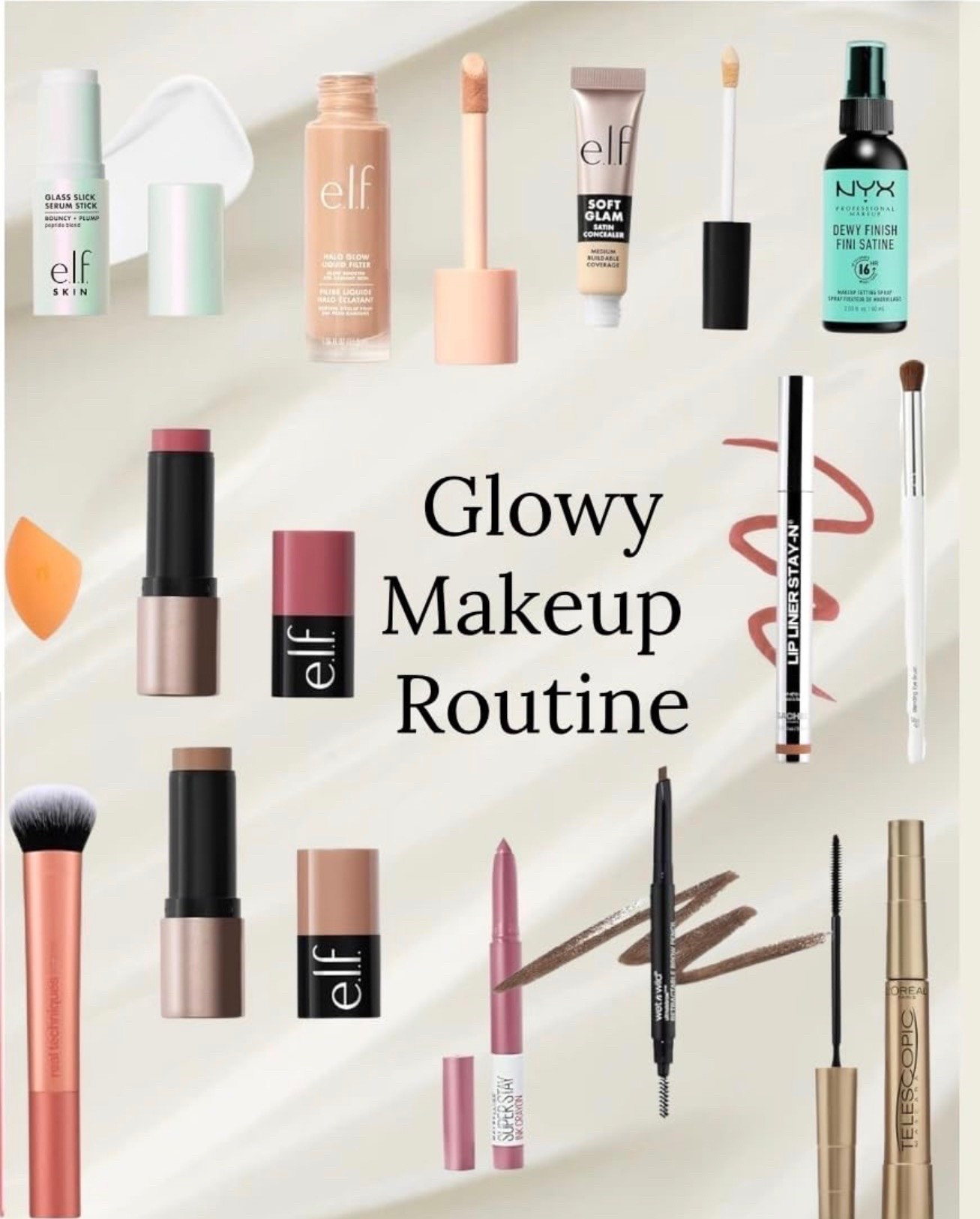 Blush - muted 
Bronzer - light medium 
Concealer - light cool 
Halo glow - 4 medium 
Lip liner - pink’d 
Maybelline lip crayon - seek adventure 
Eyebrow pencil - medium brown