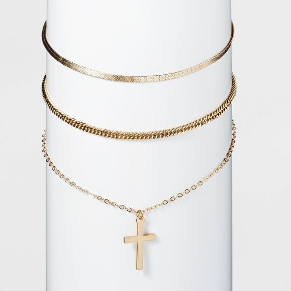 Shiny Gold Cross and Chain Necklace Set 3pc - Wild Fable&#8482; Gold | Target