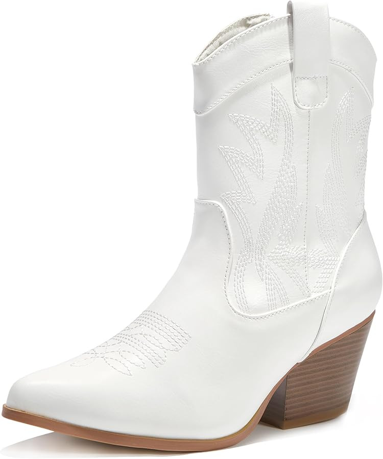 PEPPEP Western Cowgirl Cowboy Ankle Boots for Women or Ladies, Mid Calf, Vegan Leather Embroidere... | Amazon (US)