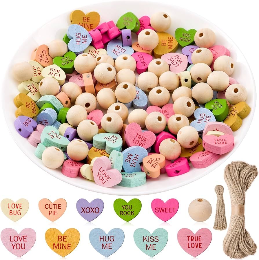 Haooryx 121pcs Valentine's Day Wooden Beads Colorful Conversation Heart Beads with Rope XOXO Hug ... | Amazon (US)