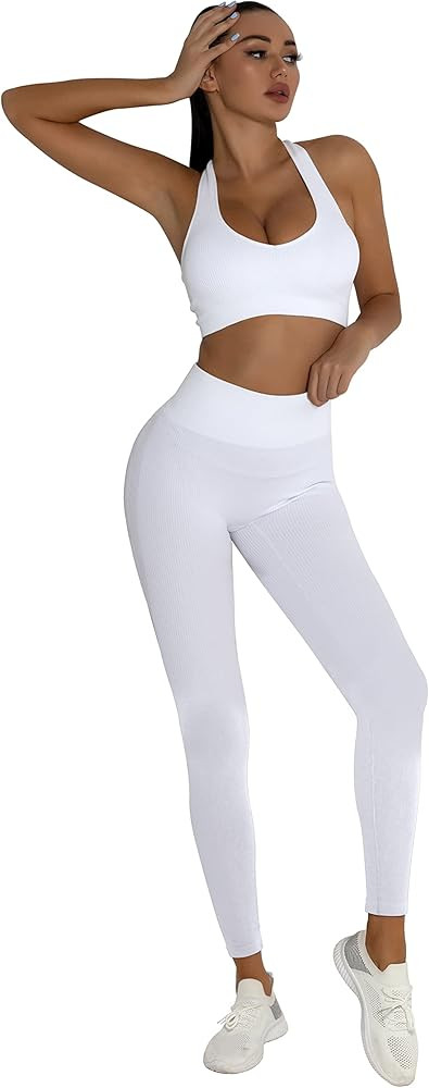 Workout Sets Two Piece Outfits for Women Clothes Gym Yoga Seamless Racerback Sports Bra Tank Tops... | Amazon (US)