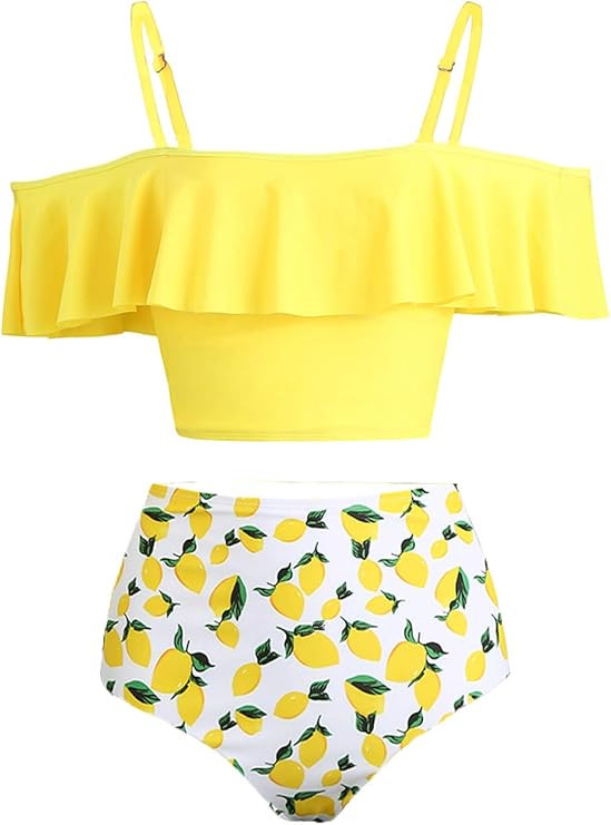 Kaei&Shi High Waisted Flounce Bikini Set,Tummy Control Swimsuits for Women,Off Shoulder | Amazon (US)