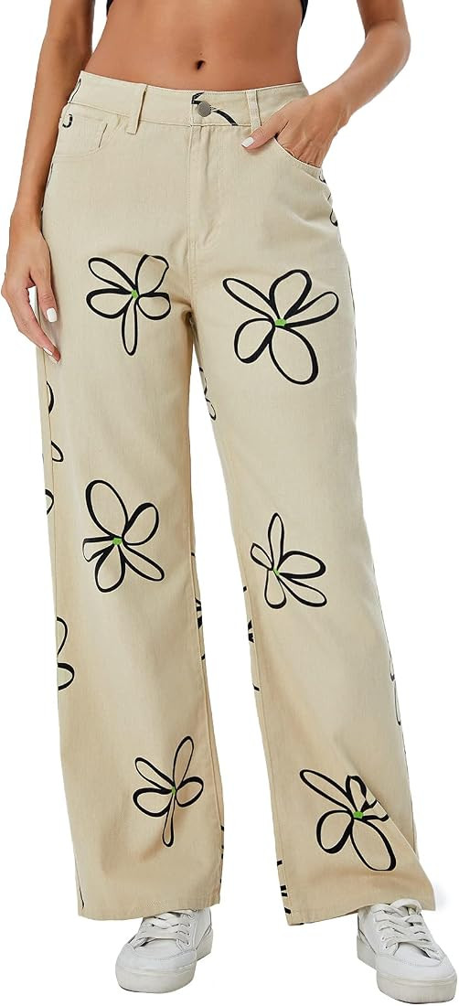 WDIRARA Women's High Waisted Wide Leg Print Casual Baggy Jeans Denim Pants | Amazon (US)