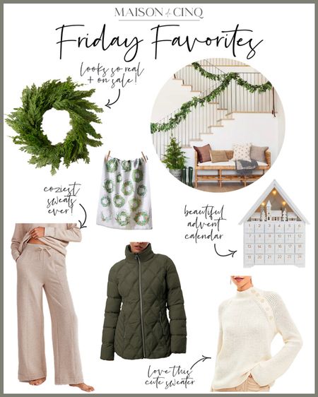 Ooh so many great finds for Friday Favorites today, like the coziest sweaters, lounge wear, and jackets plus perfect hostess gifts, the cutest advent calendars, cashmere galore, and realistic wreaths and garland that are IN STOCK! 

#homedecor #winterfashion #sweats #joggers #holidaydecor #christmasdecor #wreath #garland 

#LTKover40 #LTKhome #LTKHoliday