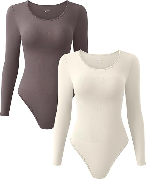 OQQ Women's 2 Piece Bodysuits Sexy Ribbed One Piece Crewneck Long Sleeve Bodysuit | Amazon (US)