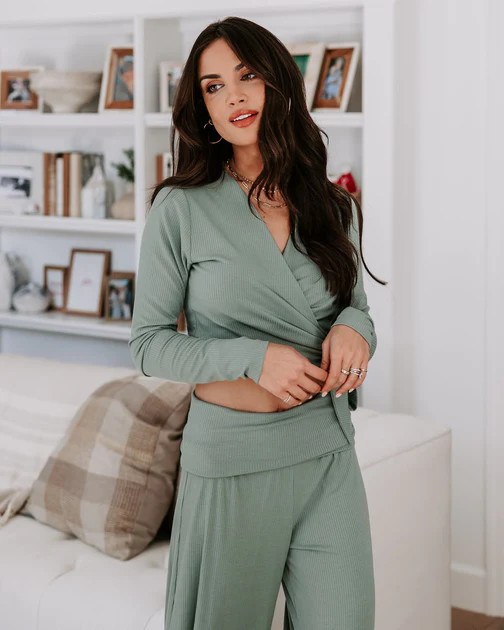 Take A Breather Ribbed Long Sleeve Wrap Top - Sage - FLASH SALE | VICI