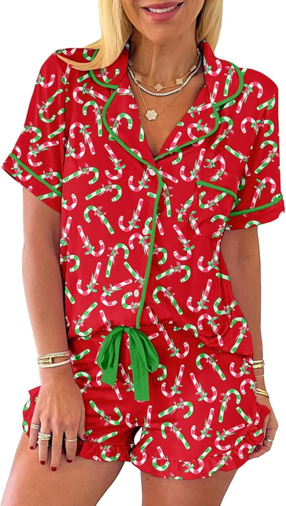 KevaMolly Womens Christmas Lounge Sets Candy Cane Print Pocketed Knotted PJ Set Short Sleeve Xmas... | Amazon (US)