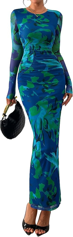 PRETTYGARDEN Wedding Guest Dresses for Women Spring Long Sleeve Ruched Bodycon Floral Mesh Cockta... | Amazon (US)