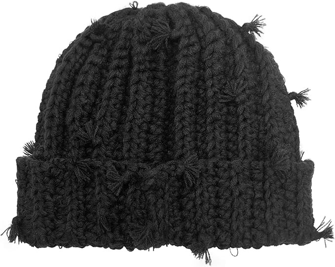 Womens Chunky Crochet Beanie Casual Cuffed Winter Hat with Boho Tassel Knot | Amazon (US)
