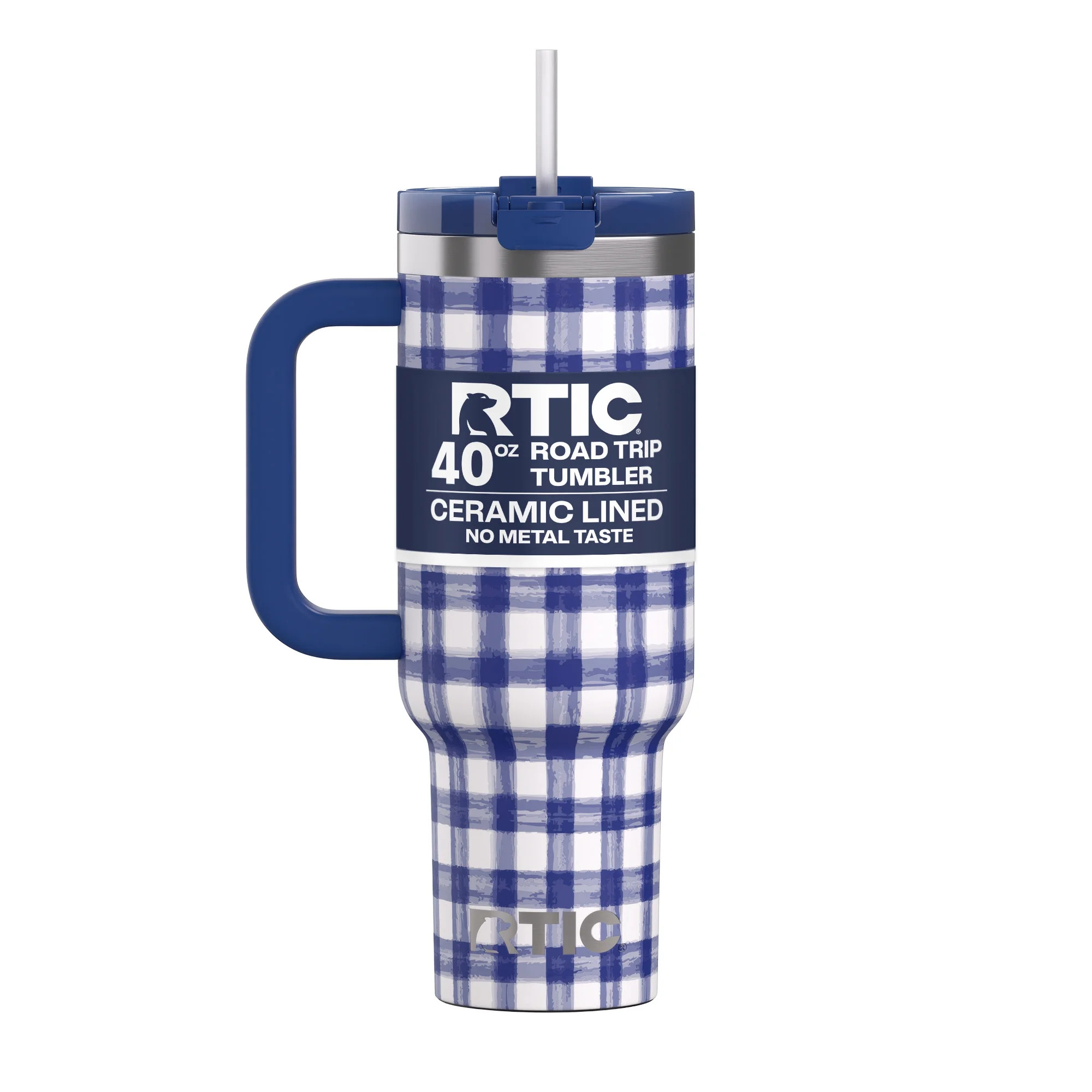 RTIC 40 oz Tumbler, Ceramic Lined, Leak-Resistant Straw Lid, Road Trip, Cobalt Gingham | Walmart (US)