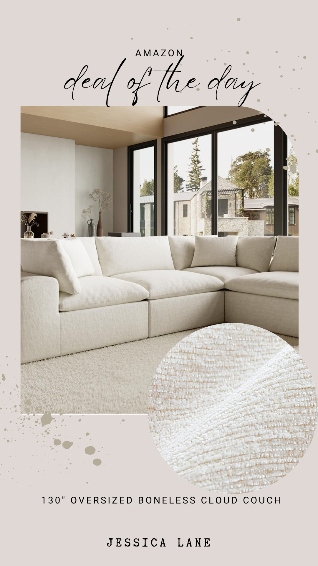 Experience ultimate comfort with this 130-inch oversized cloud couch featuring a cozy boneless design. The neutral fabric and modular style make it a versatile addition to any large living area.
#livingroomdecor #cloudcouch #homestyle #amazonfurniture 

 #LTKHome #LTKSaleAlert