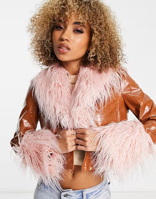 Jayley short vinyl look faux fur trim jacket in tan | ASOS (Global)