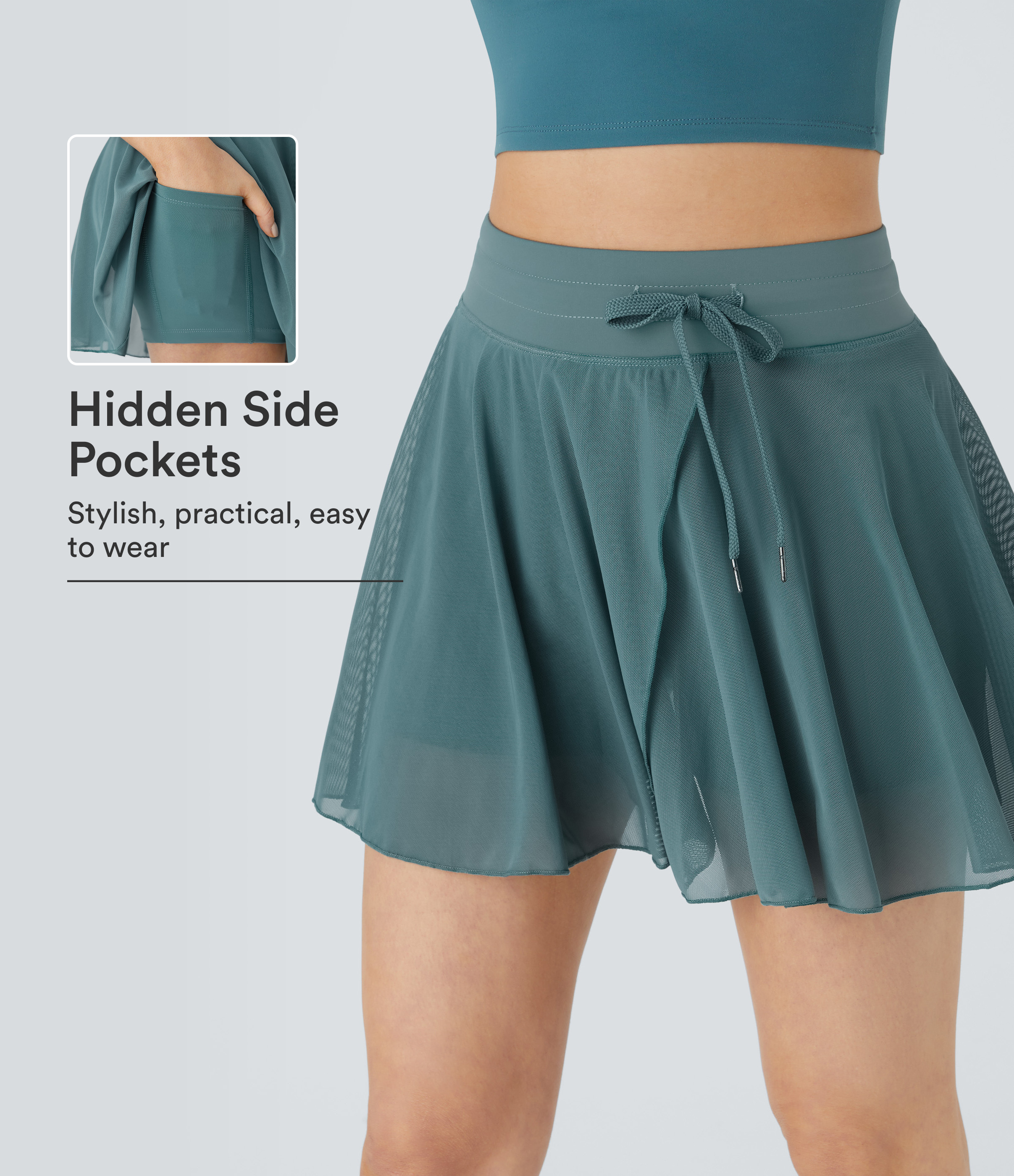 High Waisted Drawstring Contrast Mesh 2-in-1 Pocket Flowy Mini Flare Casual Skirt | HALARA