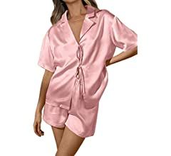 CHYRII Women's Silk Satin Pajamas Sets Tie Front Short Sleeve Tops and Shorts Two Piece Pj Sets S... | Amazon (US)