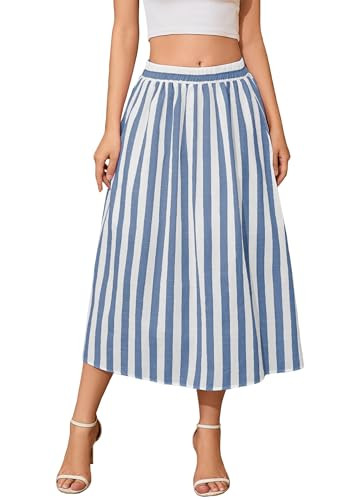 Women's Trendy Summer Casual Pleated Striped Maxi Flared Beach Skirt High Waist A-Line Flowy Midi... | Amazon (US)
