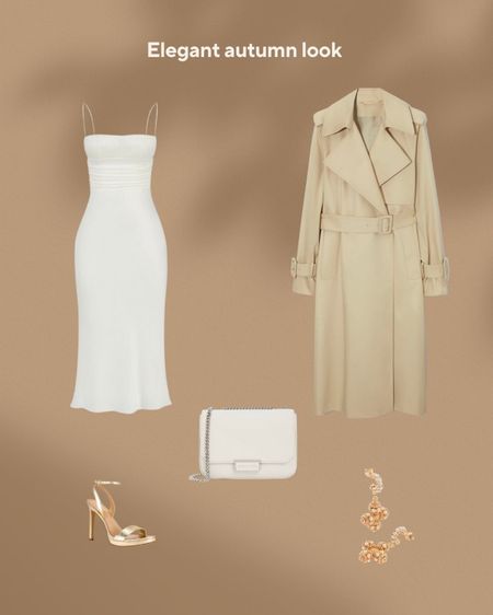 Elegant white midi dress, transitional trench coat, gold earrings, shoulder bag, heels, autumn look, elegant look, classic look, transitional outfit.

#LTKSeasonal #LTKbeauty #LTKFind