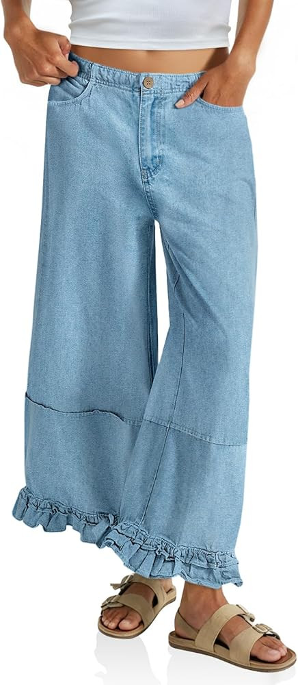 Cicy Bell Womens Ruffle Wide Leg Jeans Cropped Elastic High Waisted Baggy Denim Pants with Pocket... | Amazon (US)