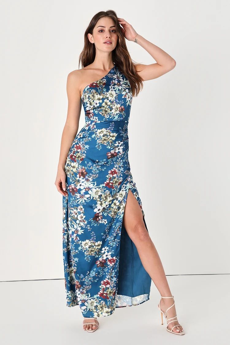 Ready for the Romance Blue Floral Satin One-Shoulder Maxi Dress | Lulus (US)