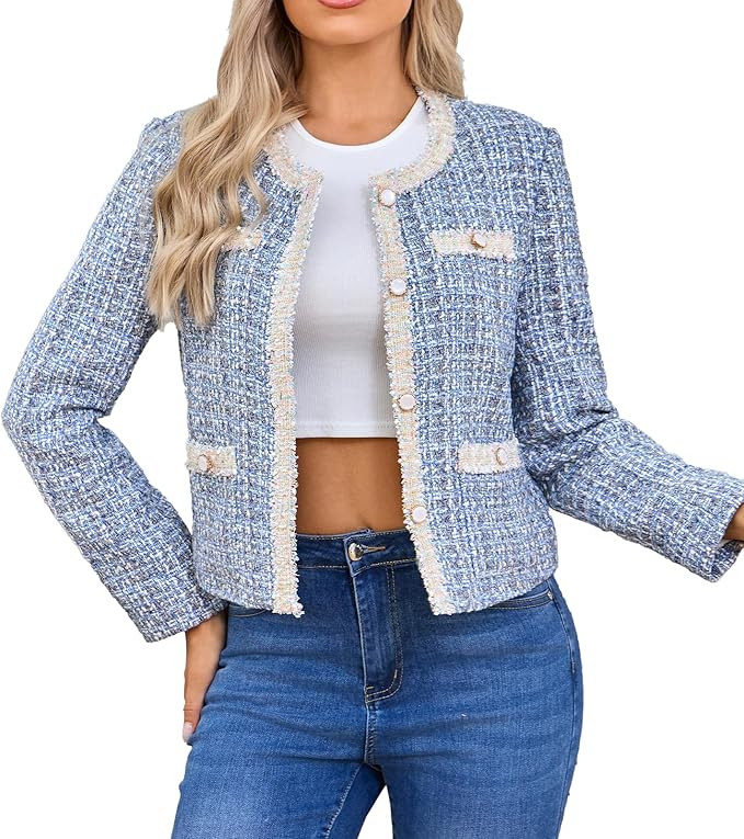 Women's Tweed Blazers Cropped Long Sleeve Crewneck Open Front Lace Trim Lightweight Plaid Work Bu... | Amazon (US)