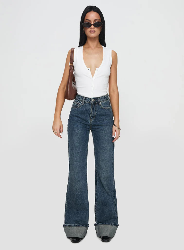Florida Keys Mid Rise Straight Leg Cuffed Jeans Mid Blue | Princess Polly US