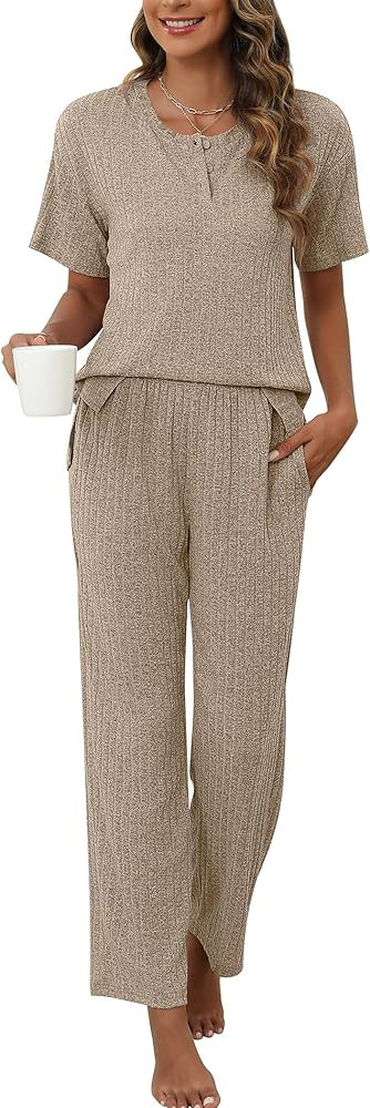 Ekouaer Ribbed Knit Lounge Set
        2 Pack, Womens, Short Sleeve, Henly Neck Top and Pants, Lo... | Amazon (US)
