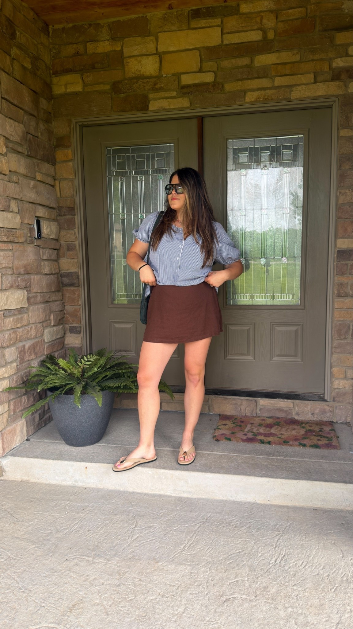 Spring outfit of the day! Wearing large in the Old Navy linen skort and large in this ￼ Amazon gingham flow top

Running a bunch of errands before I have a surgery tomorrow- shopping but would be cute for brunch or lunch too!