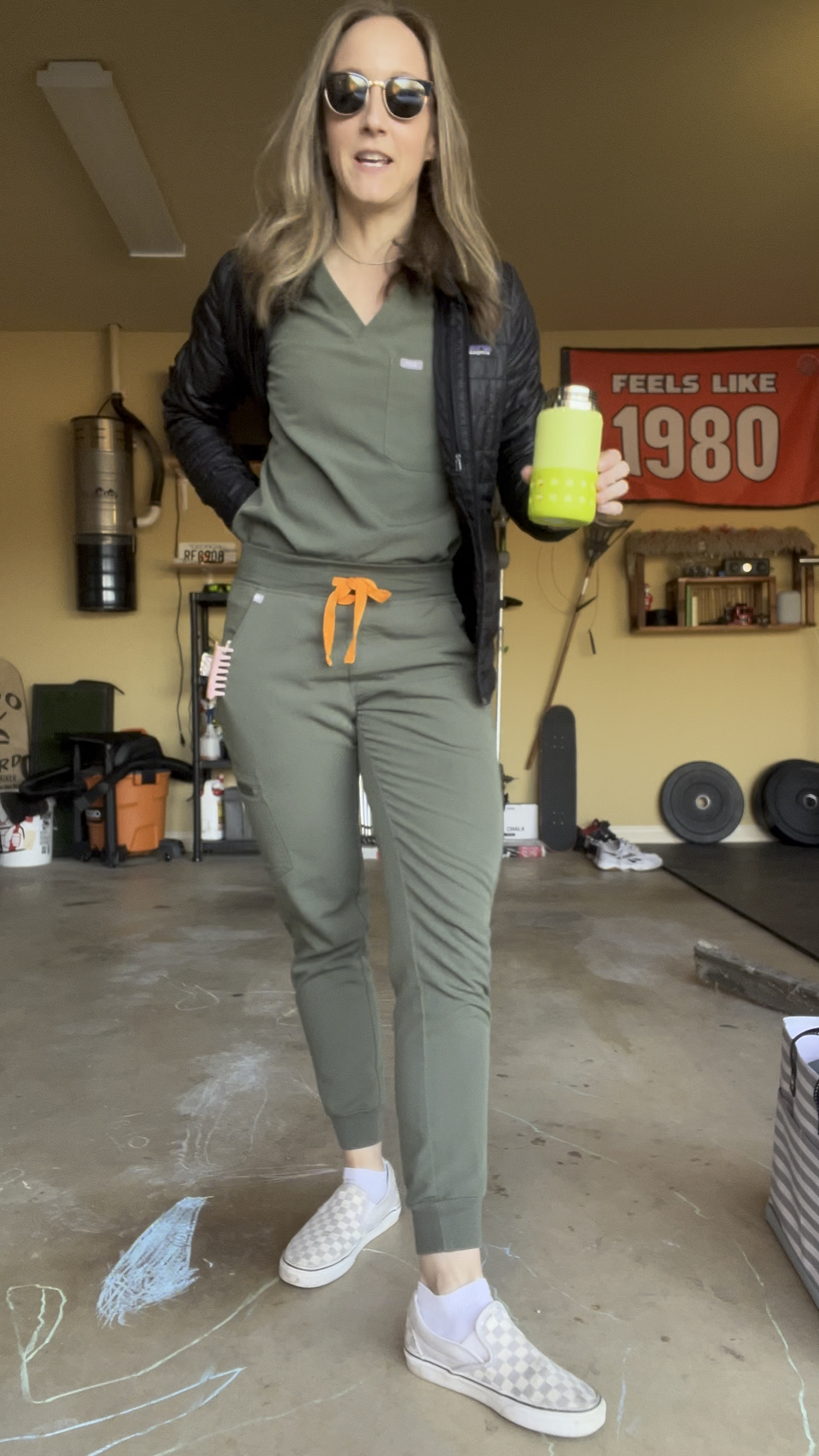Acute care PT outfit of the day! I like to go to work fully prepared. I typically get ready on Sunday so that I can be successful with meal prep and outfit picks.  Physical Therapists wear olive green where I work but Figs has great color options! I wear a S in scrubs, 1/2 size down in vans and a S-M in Patagonia. I have loved the scout bag I received for Christmas. It’s carrie’s everything, has pockets and is washable! 

#LTKSeasonal #LTKworkwear #LTKfindsunder100